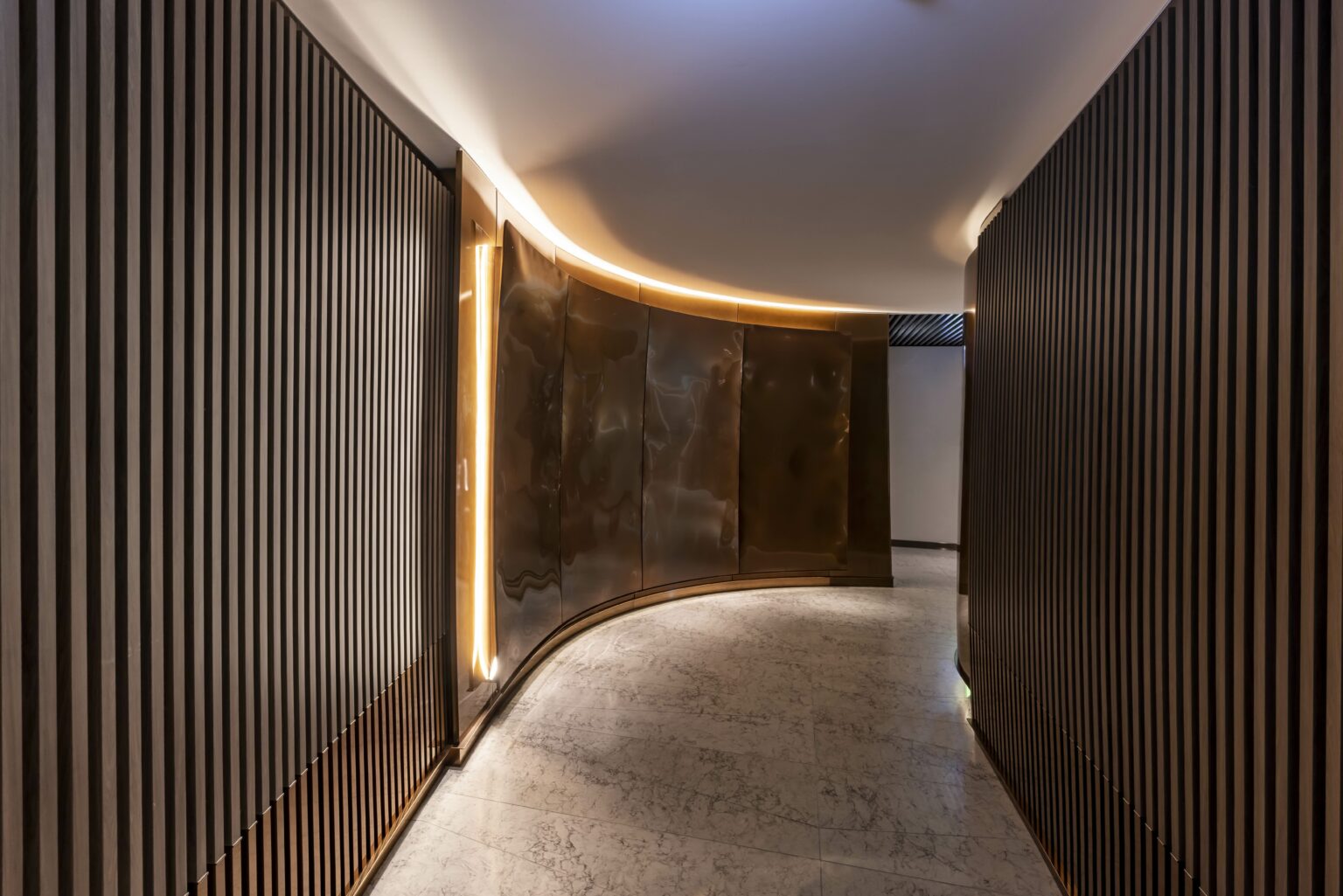 A modern airline hallway featuring curved walls with sleek metallic finishes and ambient lighting, creating a sophisticated and inviting pathway that enhances the elegant atmosphere of the space.