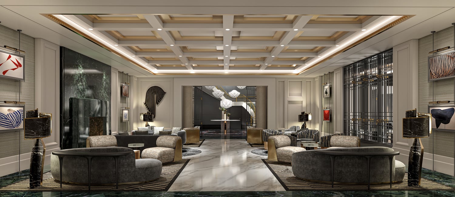 A luxurious lounge with patterned upholstery and curated artwork is arranged under a coffered ceiling and marble fireplace.