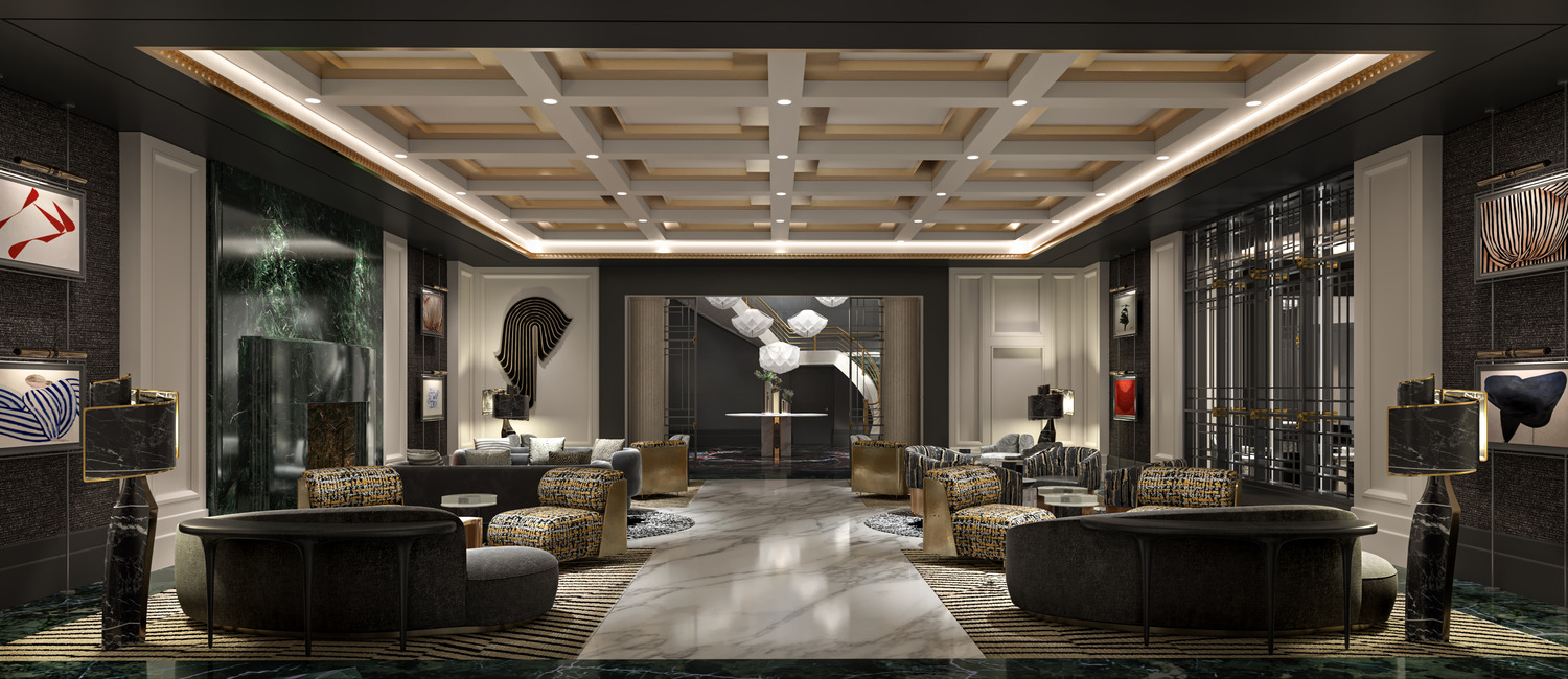 A luxurious lounge with patterned upholstery and curated artwork is arranged under a coffered ceiling and marble fireplace.