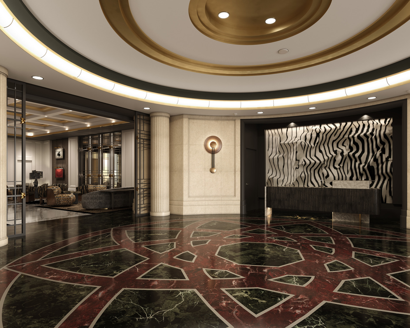 A sophisticated hotel lobby features sculptural lighting, sleek seating, and a geometric patterned rug over dark marble flooring.