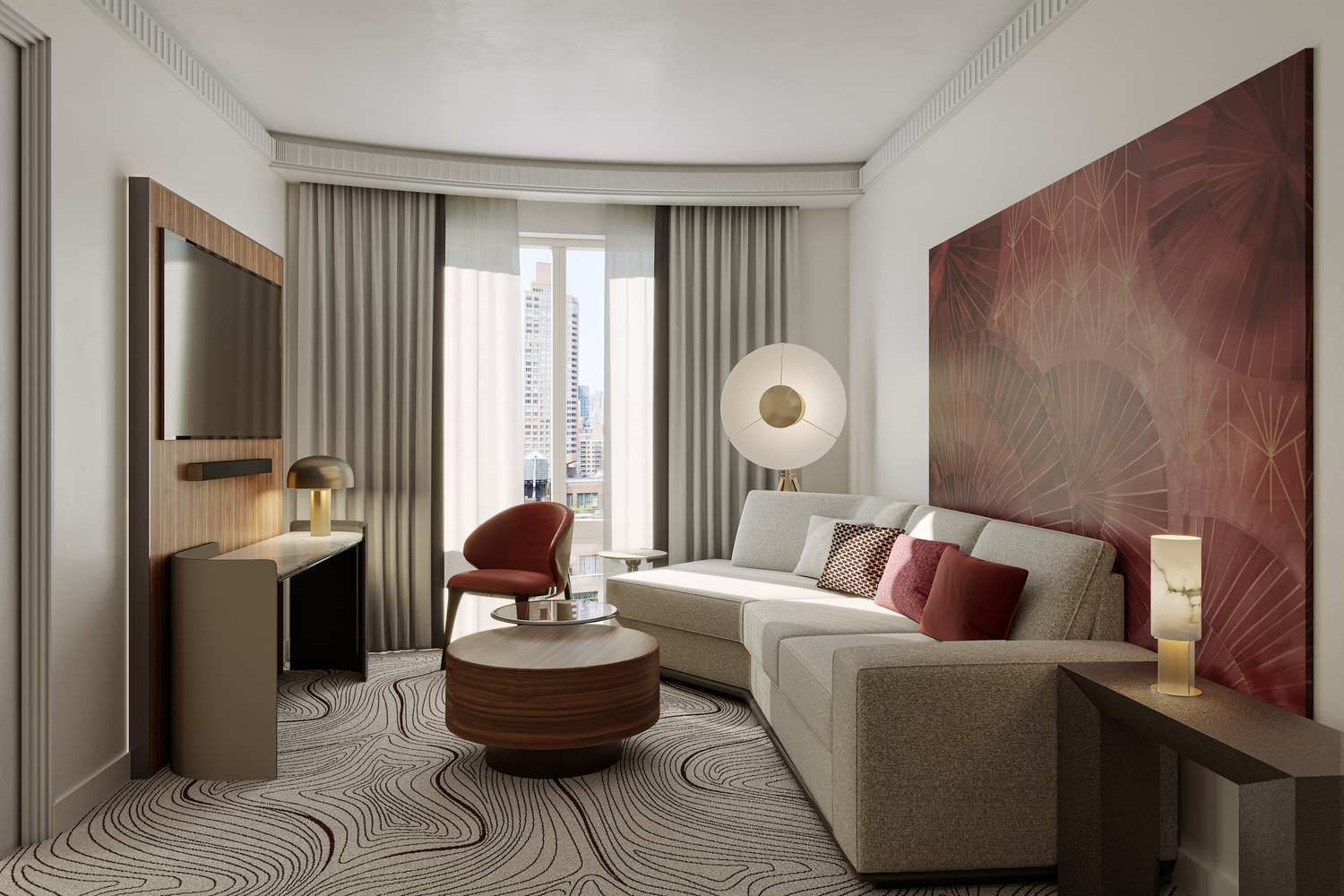 A modern guestroom blends warm wood finishes with black accents, textured walls, and soft ambient lighting.