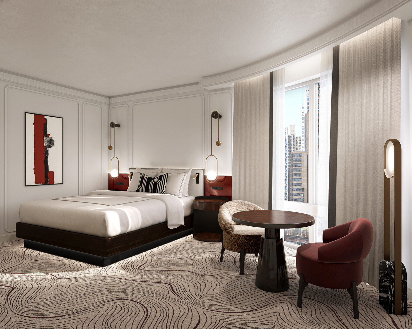 A modern guestroom blends warm wood finishes with black accents, textured walls, and soft ambient lighting.