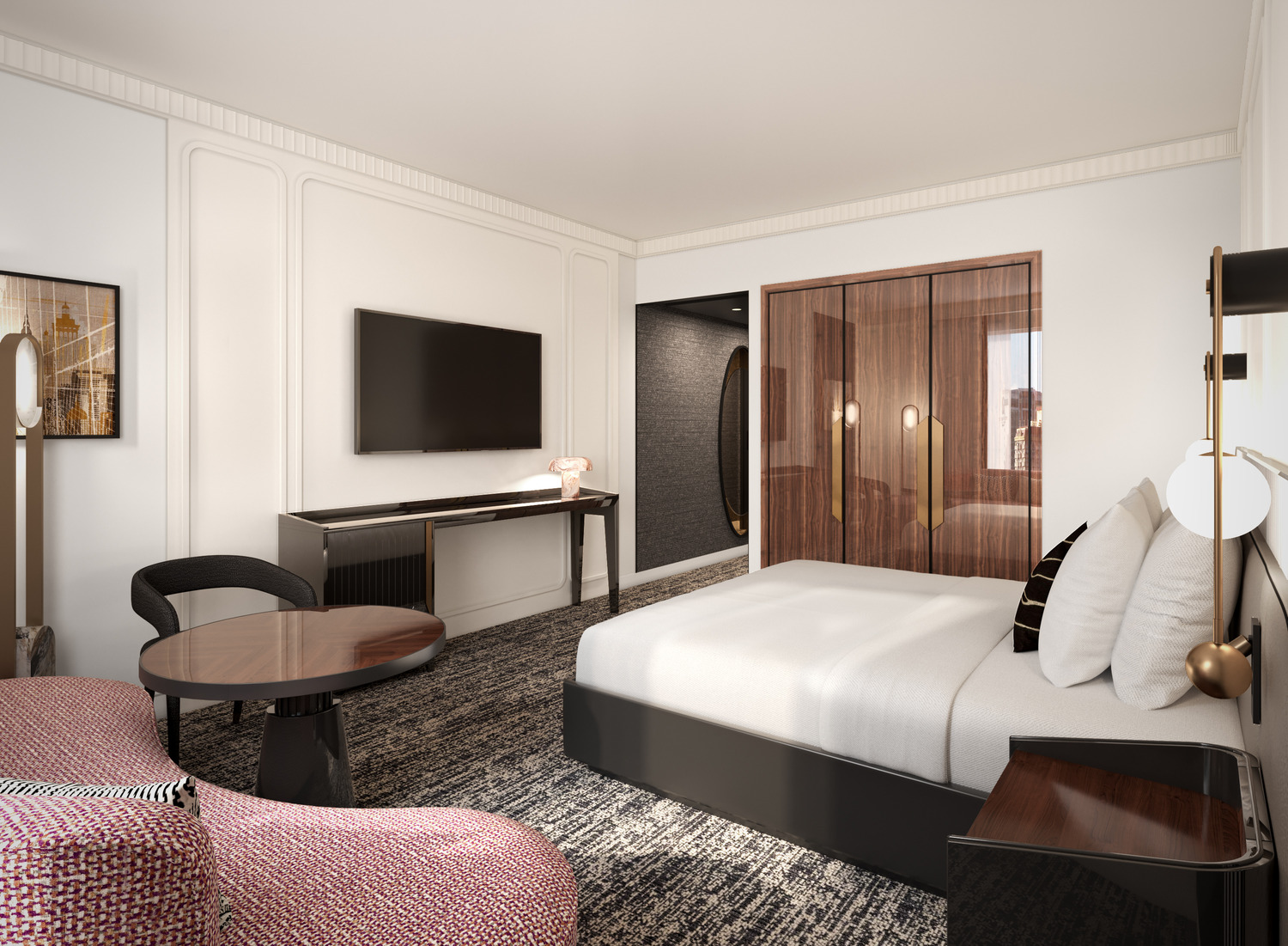 A modern guestroom blends warm wood finishes with black accents, textured walls, and soft ambient lighting.