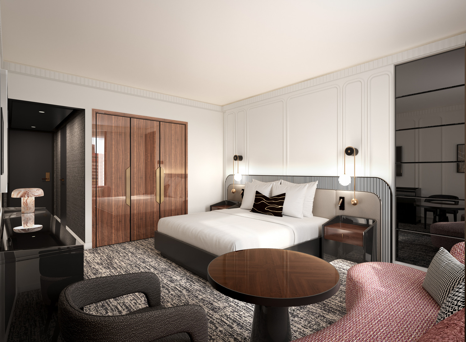 A modern guestroom blends warm wood finishes with black accents, textured walls, and soft ambient lighting.