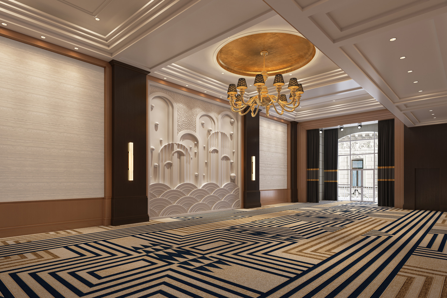 A ballroom interior combines bold geometric carpet patterns with a gold chandelier and sculptural feature wall.