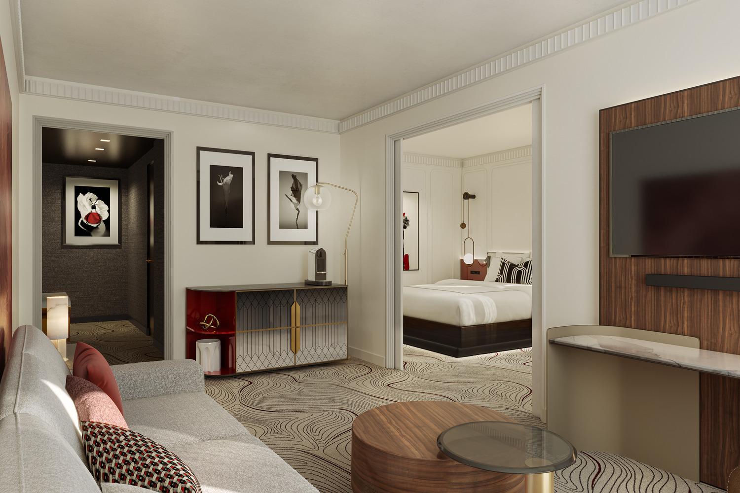 A modern guestroom blends warm wood finishes with black accents, textured walls, and soft ambient lighting.