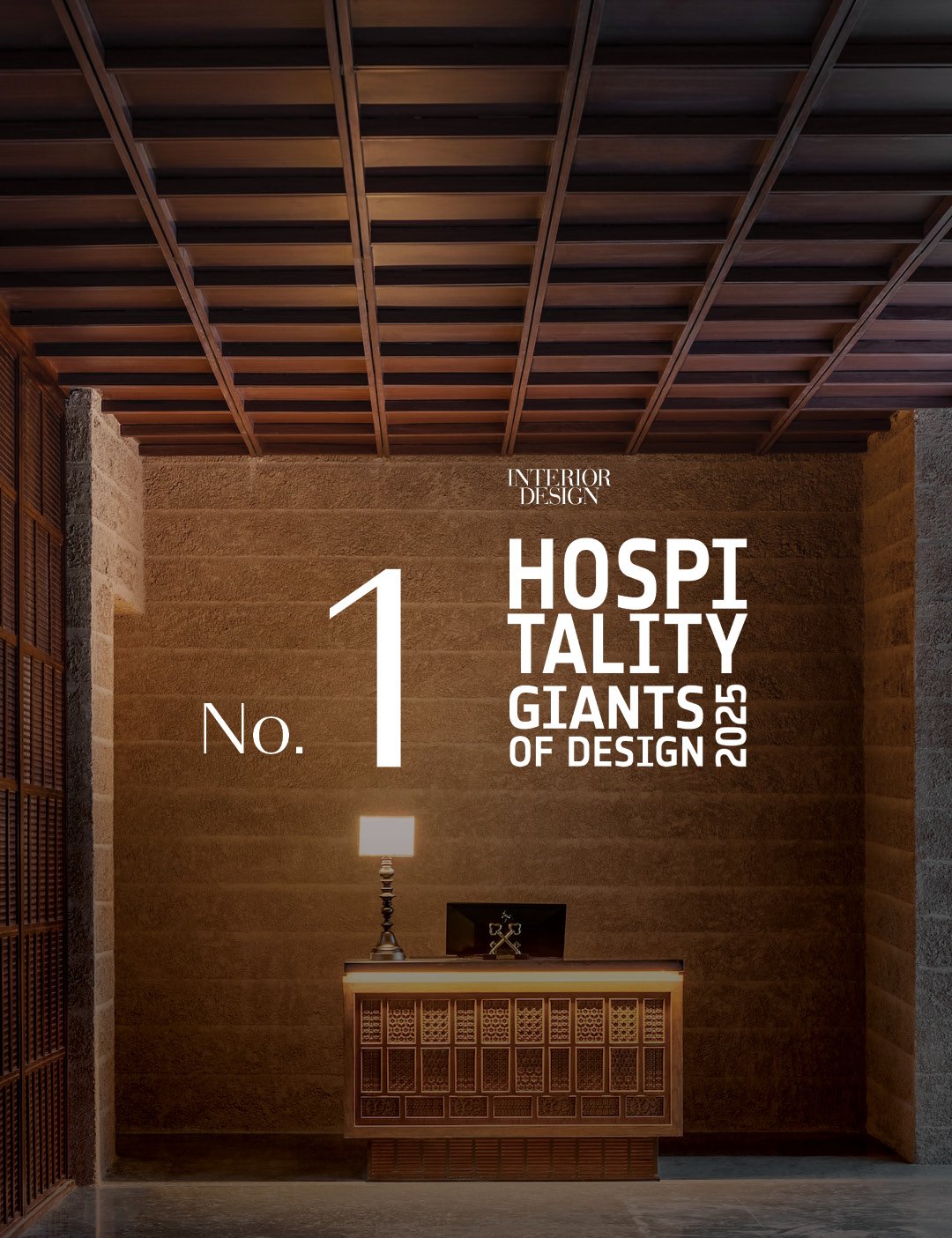Warmly lit hotel reception area with wooden ceiling and textured walls. Text reads, 