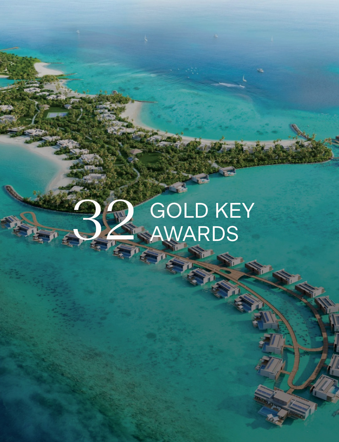 Aerial view of a tropical island resort with lush greenery and overwater bungalows in turquoise waters. Text reads 