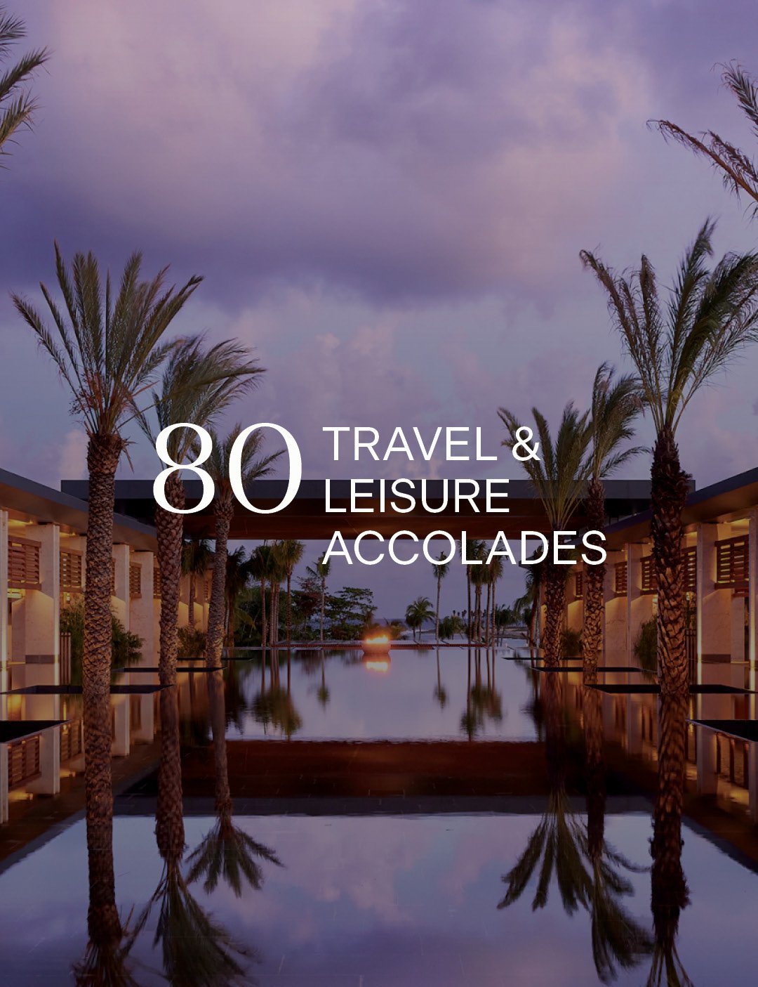 Palm trees line a luxurious resort reflecting in a tranquil pool at sunset with the text 