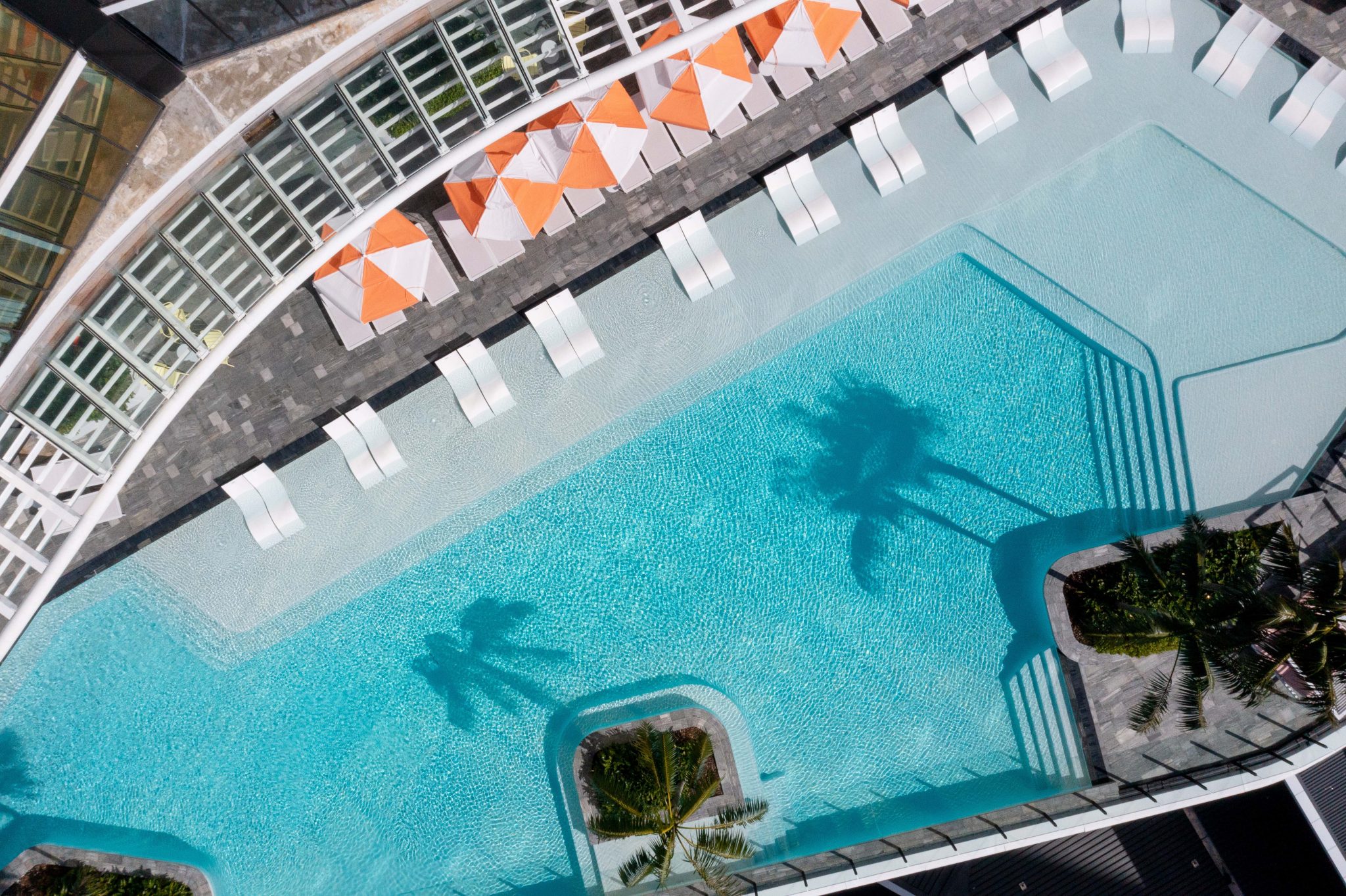 Pool area surrounded by potted plants and modern sun loungers. The space feels serene, with trees visible outside.