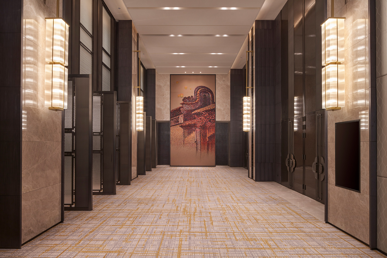 Modern hotel lobby with a sleek marble reception desk, vibrant teal and red shelving, elegant lighting, and a lush indoor tree. The space conveys luxury.
