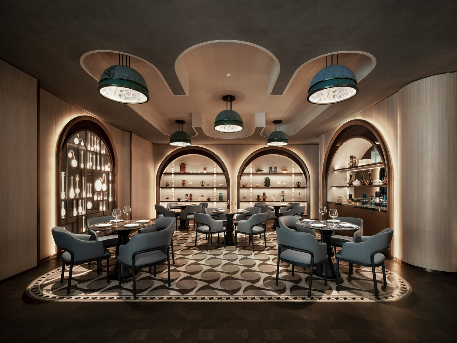 Luxurious hotel lobby with high ceiling and string lights. Features elegant sofas, coffee tables, and potted trees. Airy and sophisticated ambiance.