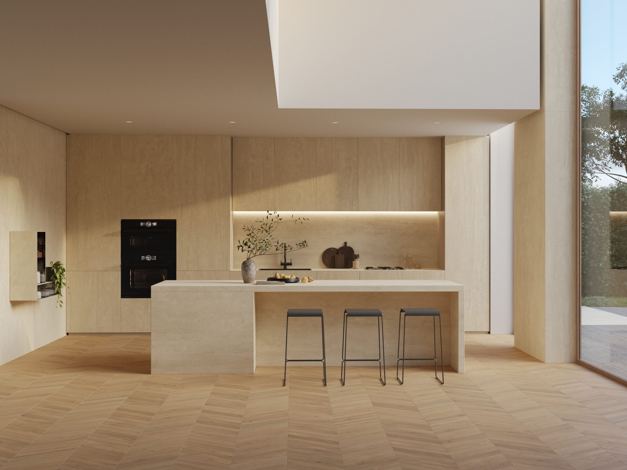 Elegant, minimalist living room with beige tones. Features a plush sofa, modern art, sleek coffee table, dining area, and wall shelves. Calm ambiance.