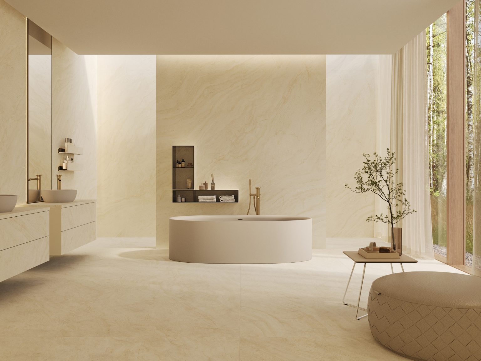 Modern bathroom with a freestanding oval tub, beige tile walls, a large window with sheer curtains, minimalist decor, and a serene, luxurious ambiance