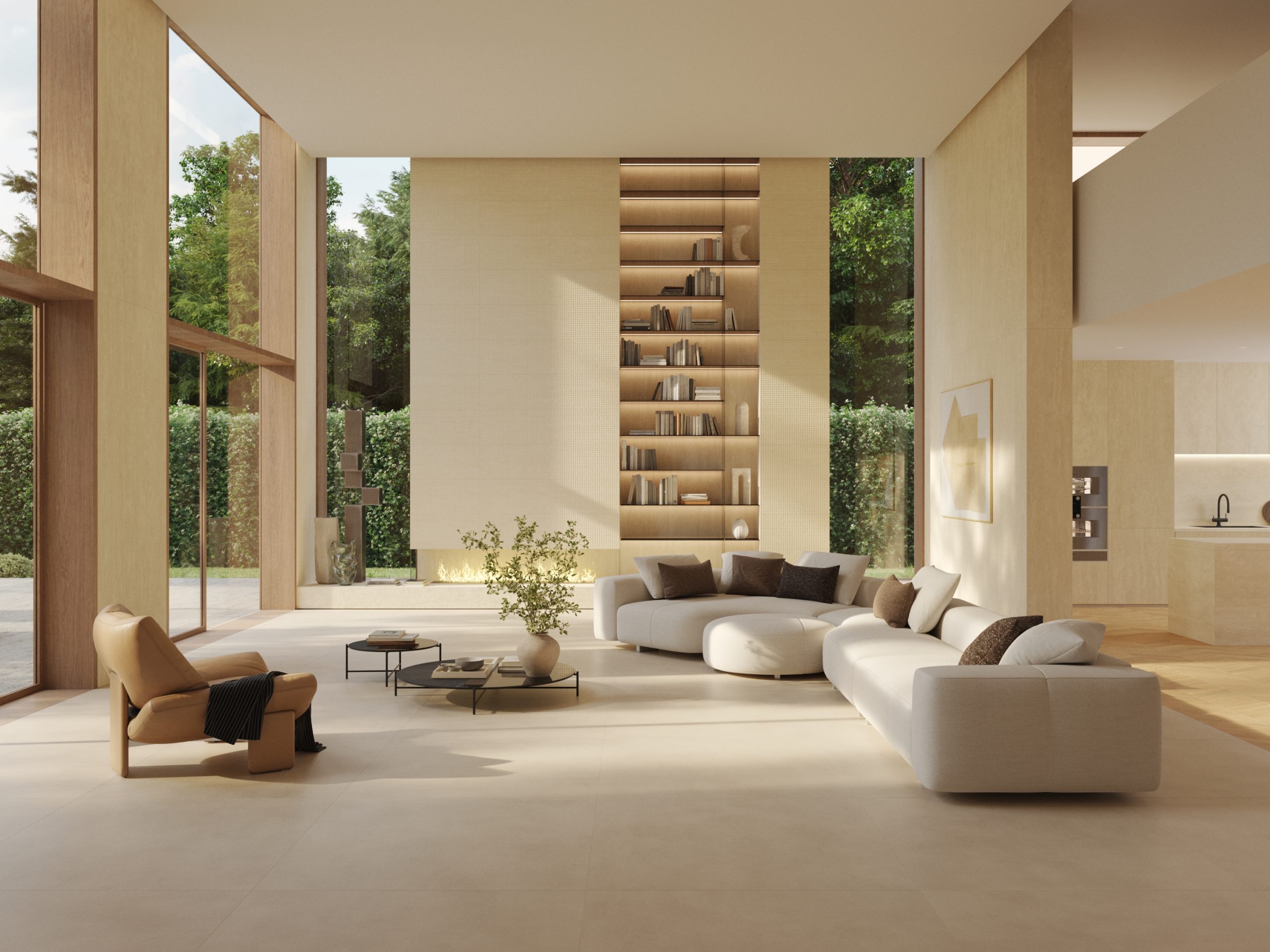Elegant, minimalist living room with beige tones. Features a plush sofa, modern art, sleek coffee table, dining area, and wall shelves. Calm ambiance.
