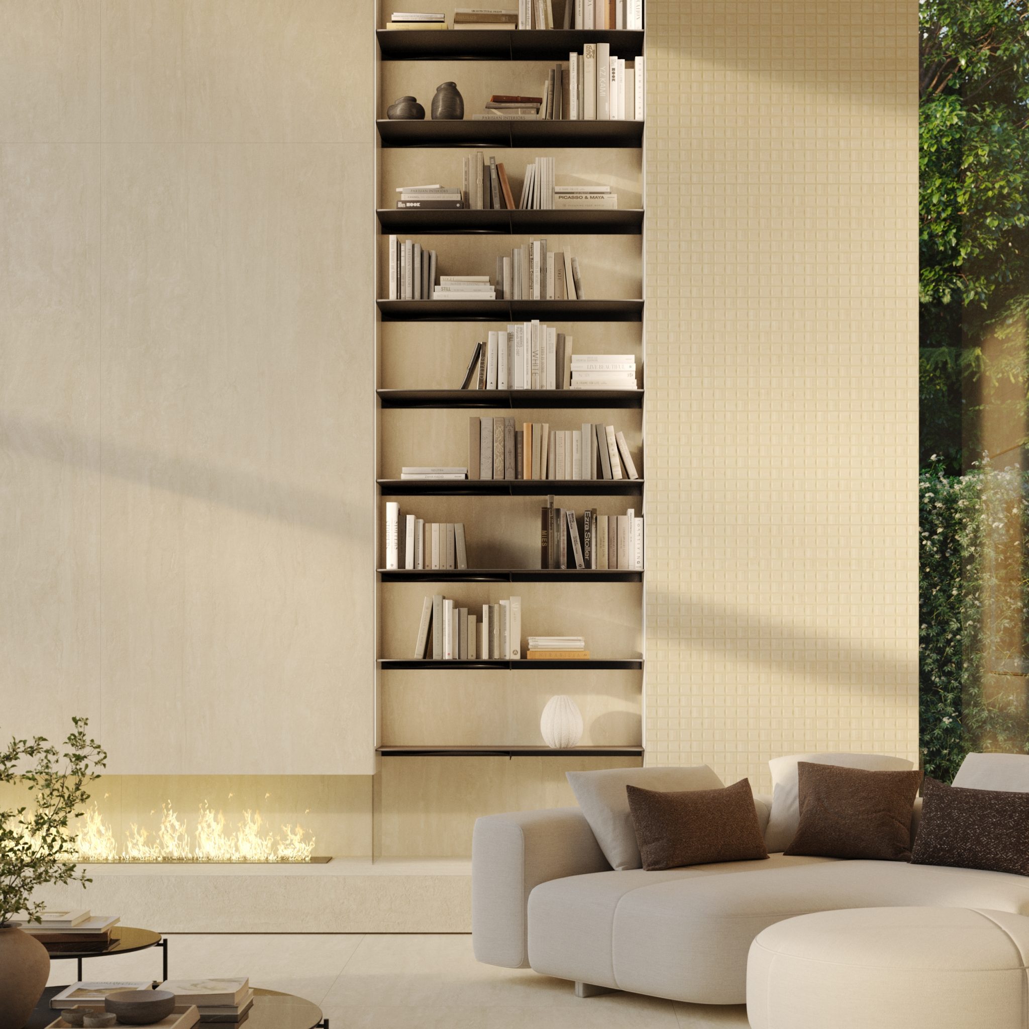 Elegant, minimalist living room with beige tones. Features a plush sofa, modern art, sleek coffee table, dining area, and wall shelves. Calm ambiance.