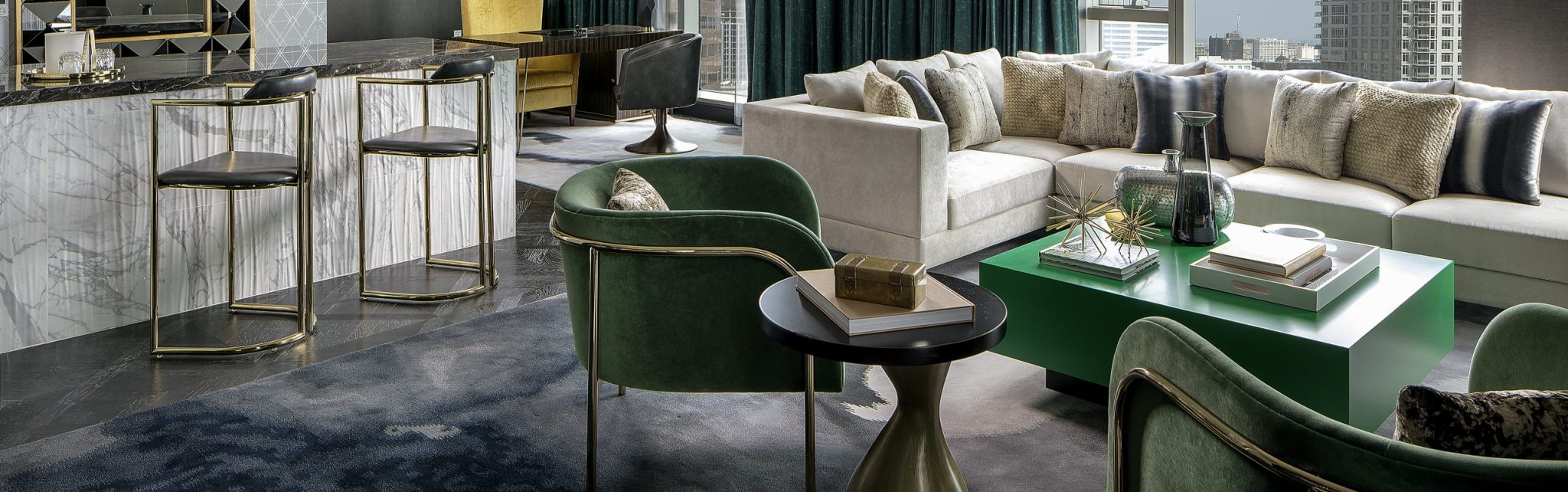 Luxurious open-concept living room with marble dining table, chic chairs, palm trees outside large windows, and a view of Dubai's skyline across the water.