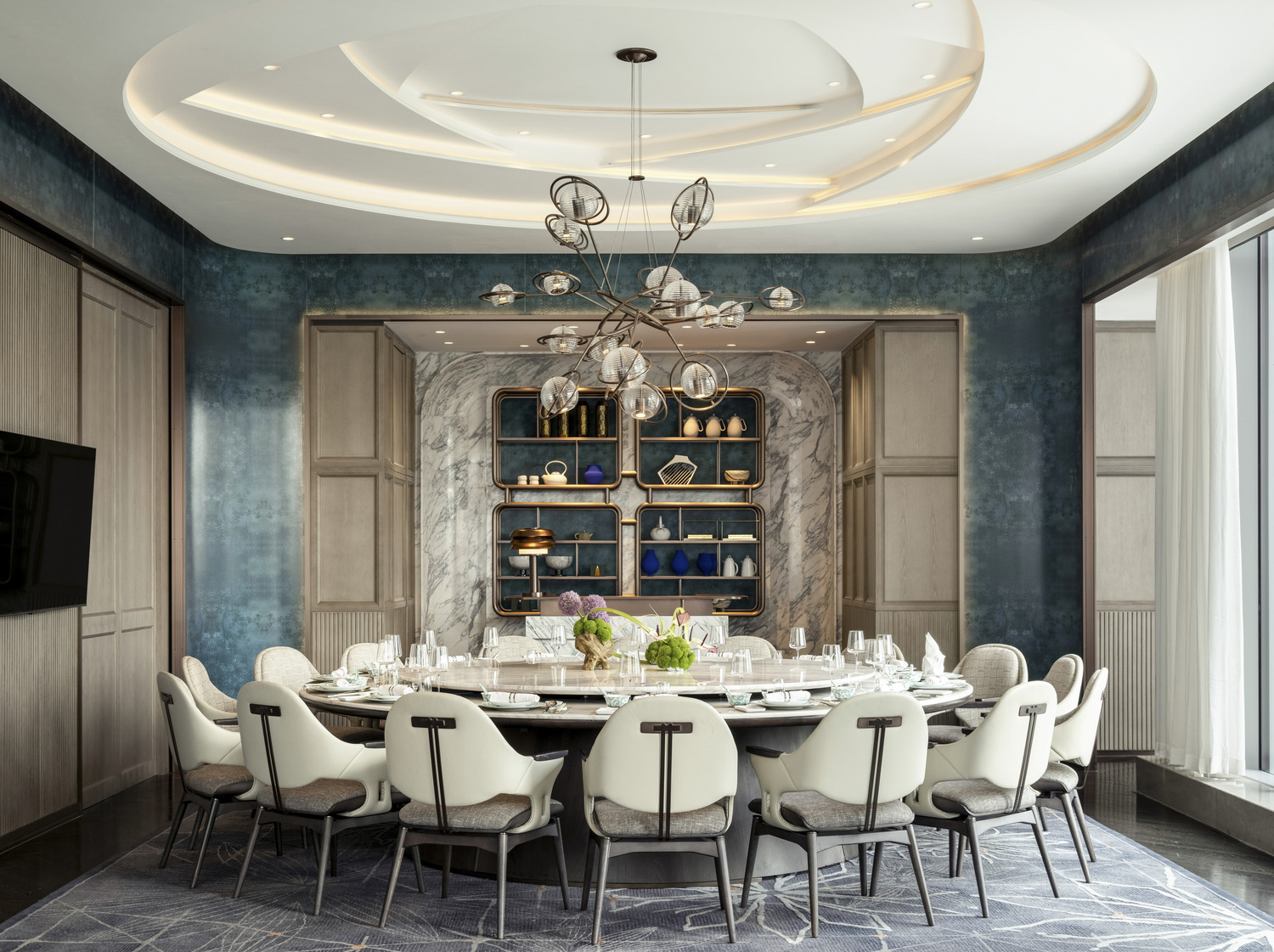 Luxurious hotel lobby with high ceiling and string lights. Features elegant sofas, coffee tables, and potted trees. Airy and sophisticated ambiance.