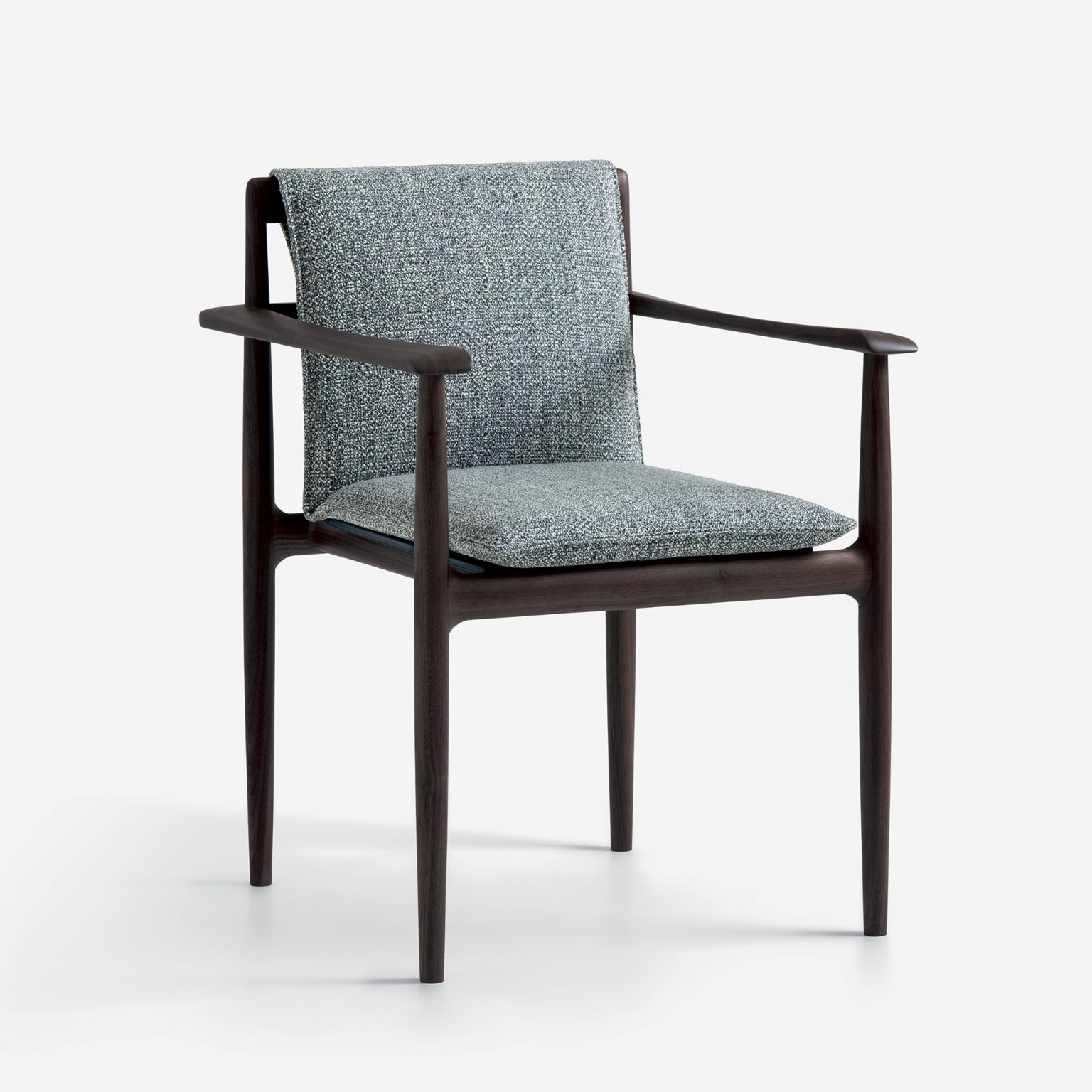 Giorgetti - KUMIKI's modern chair with dark wooden frame and armrests, featuring cushioned gray fabric on the seat and backrest. The design is sleek and minimalist.