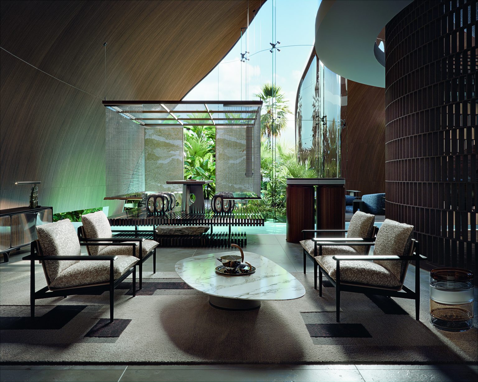 Modern living room with beige Giorgetti Kumiki armchairs, a marble coffee table, and a view of a lush garden through large windows, creating a serene ambiance.