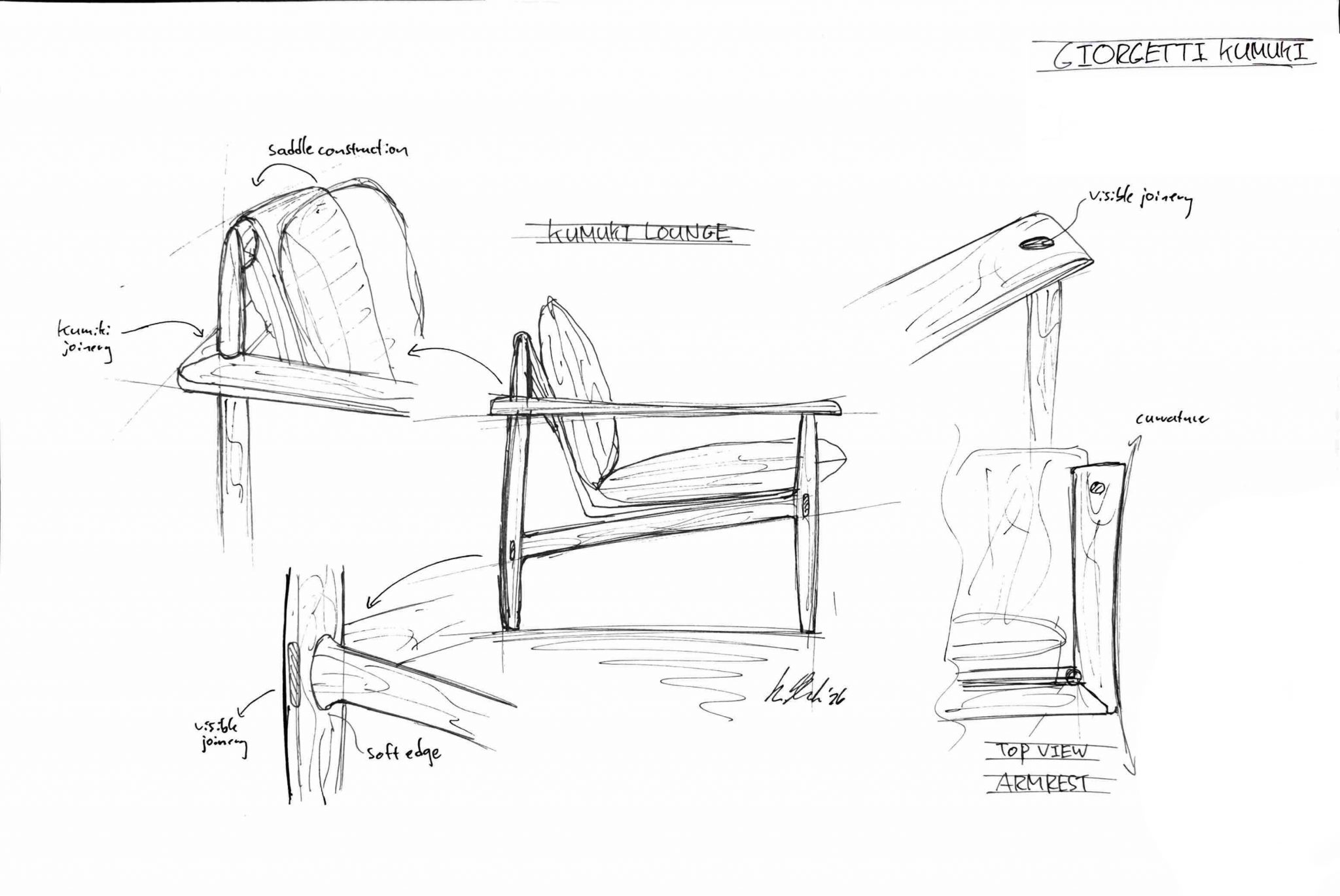 Sketch of Giorgetti Kumiki armchair design featuring side view, close-ups of joints, and armrest details. Labels indicate features like visible joinery and saddle construction.