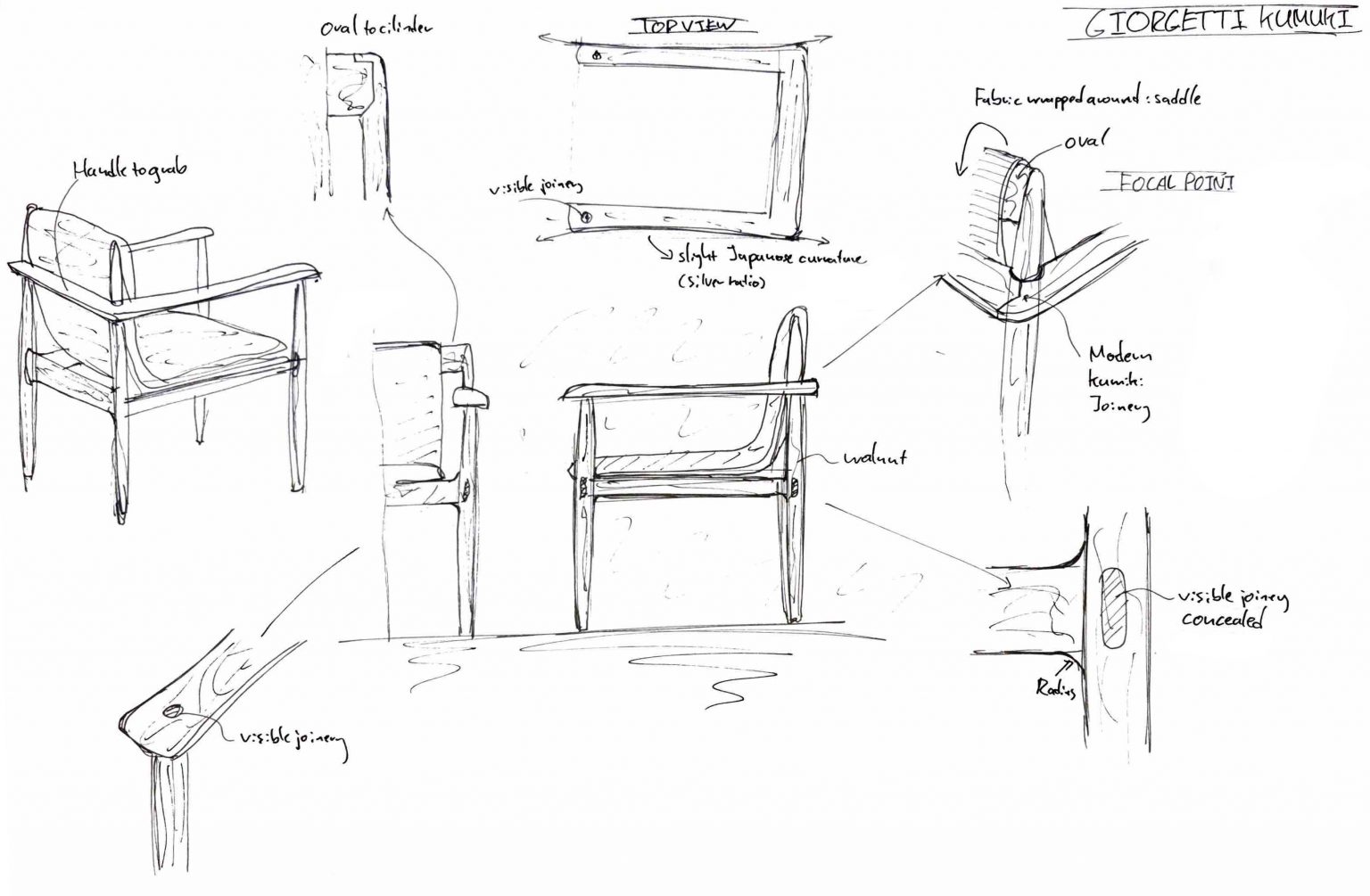 Sketch of a chair design labeled 