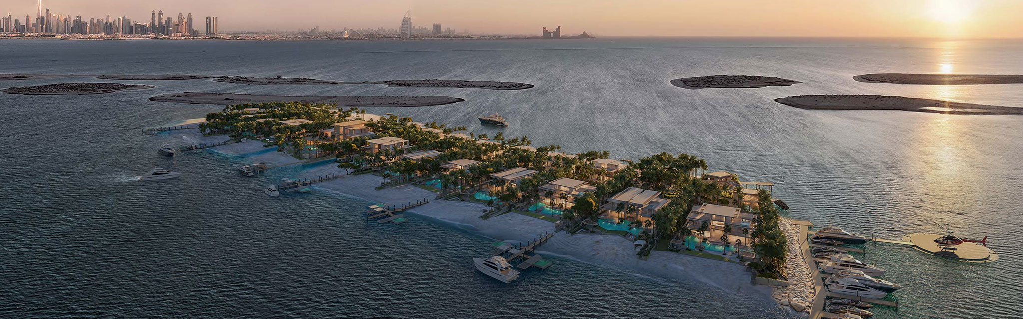 Sunset view of a luxurious island with villas surrounded by water. Yachts docked at the marina, city skyline visible in the background. Serene and opulent.