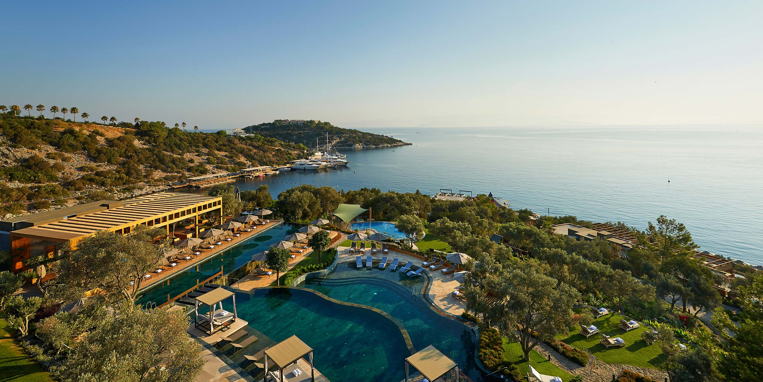 A scenic coastal view of a luxury resort with a large pool surrounded by greenery, overlooking a calm blue sea. The atmosphere is serene and sunny.