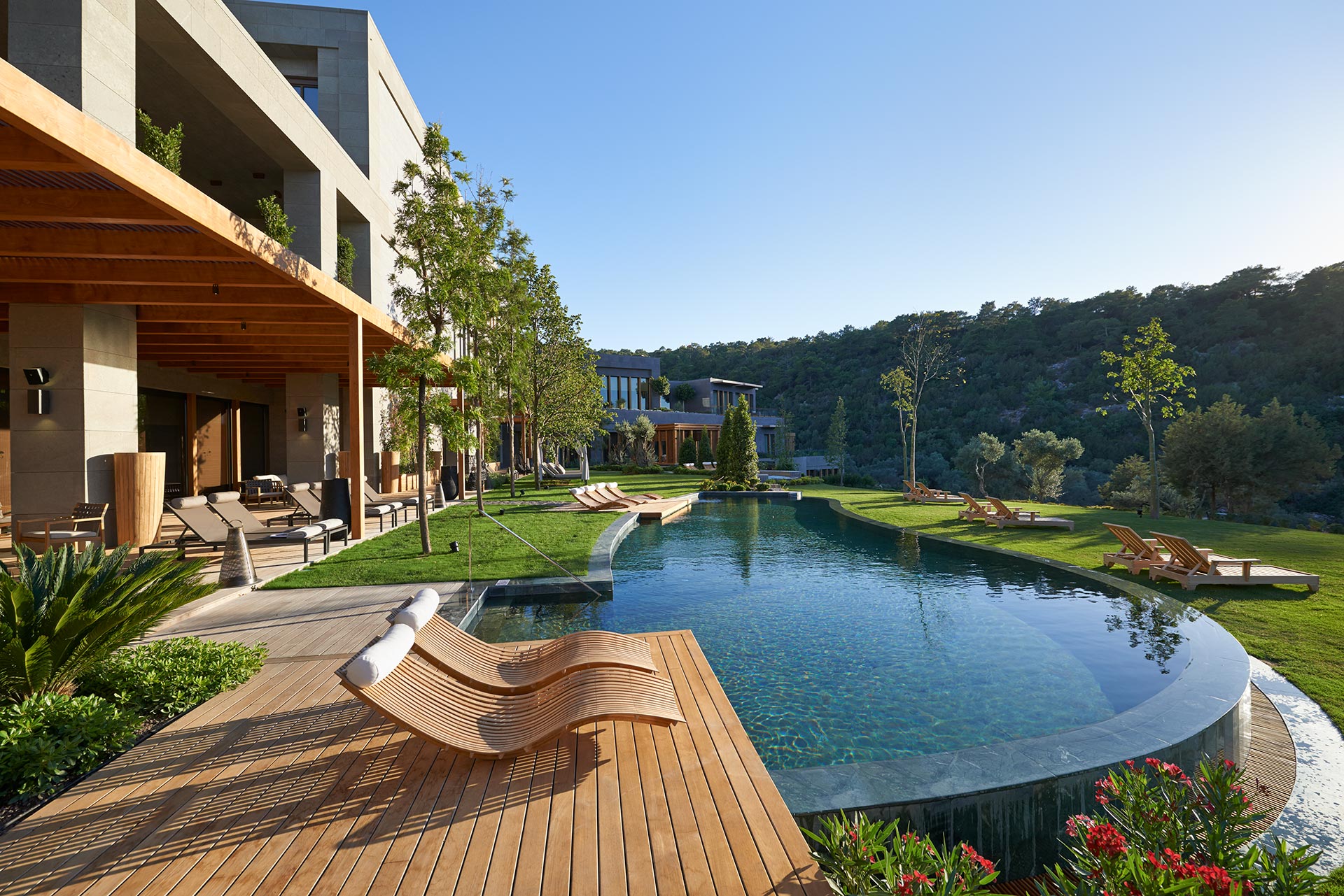 Luxury modern villa with a large infinity pool, wooden deck, stylish loungers, and lush greenery, set against a backdrop of rolling hills under a clear blue sky.