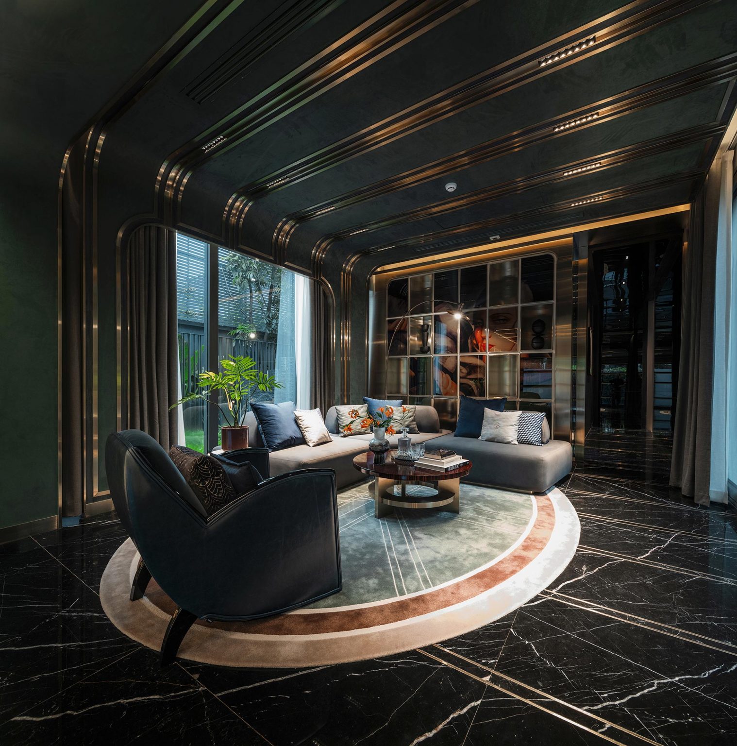 Luxurious living room with a curved, metallic-accented ceiling and black marble floor. Features a gray sofa, round carpet, and armchair, exuding modern elegance.